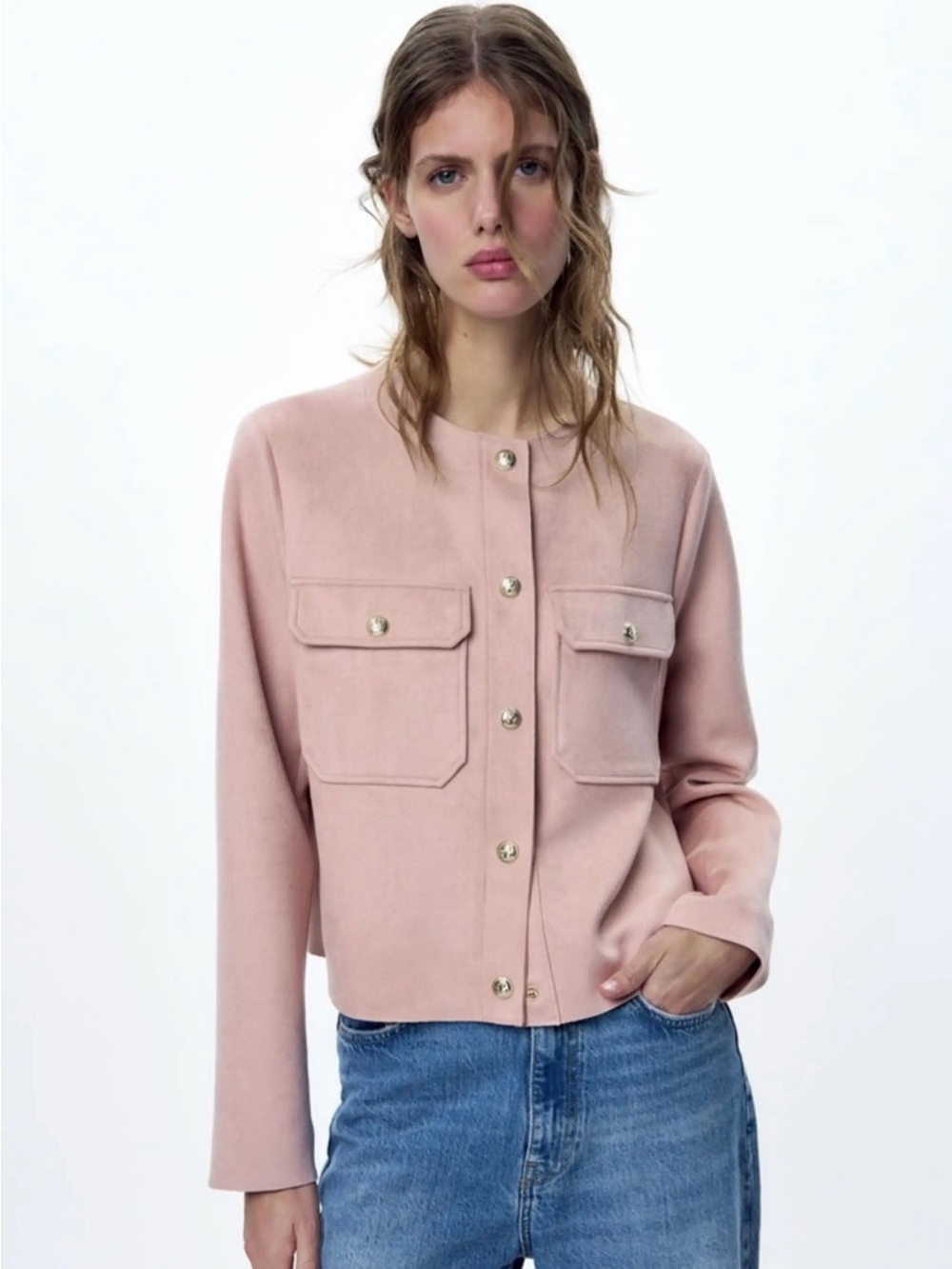Zara Blush Pink Collarless Button Jacket never worn